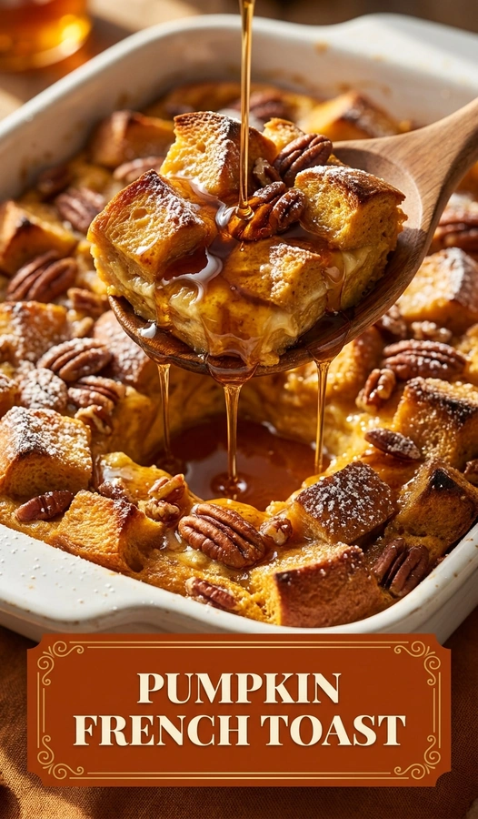 Baked pumpkin French toast casserole in a white baking dish, topped with powdered sugar and a drizzle of maple syrup.