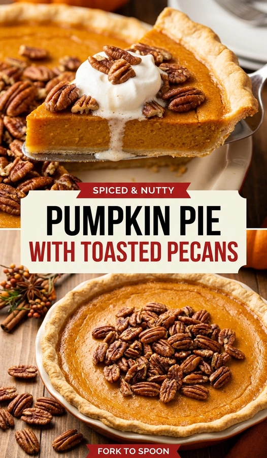 A slice of creamy pumpkin pie topped with whipped cream and toasted pecans on a white ceramic plate.