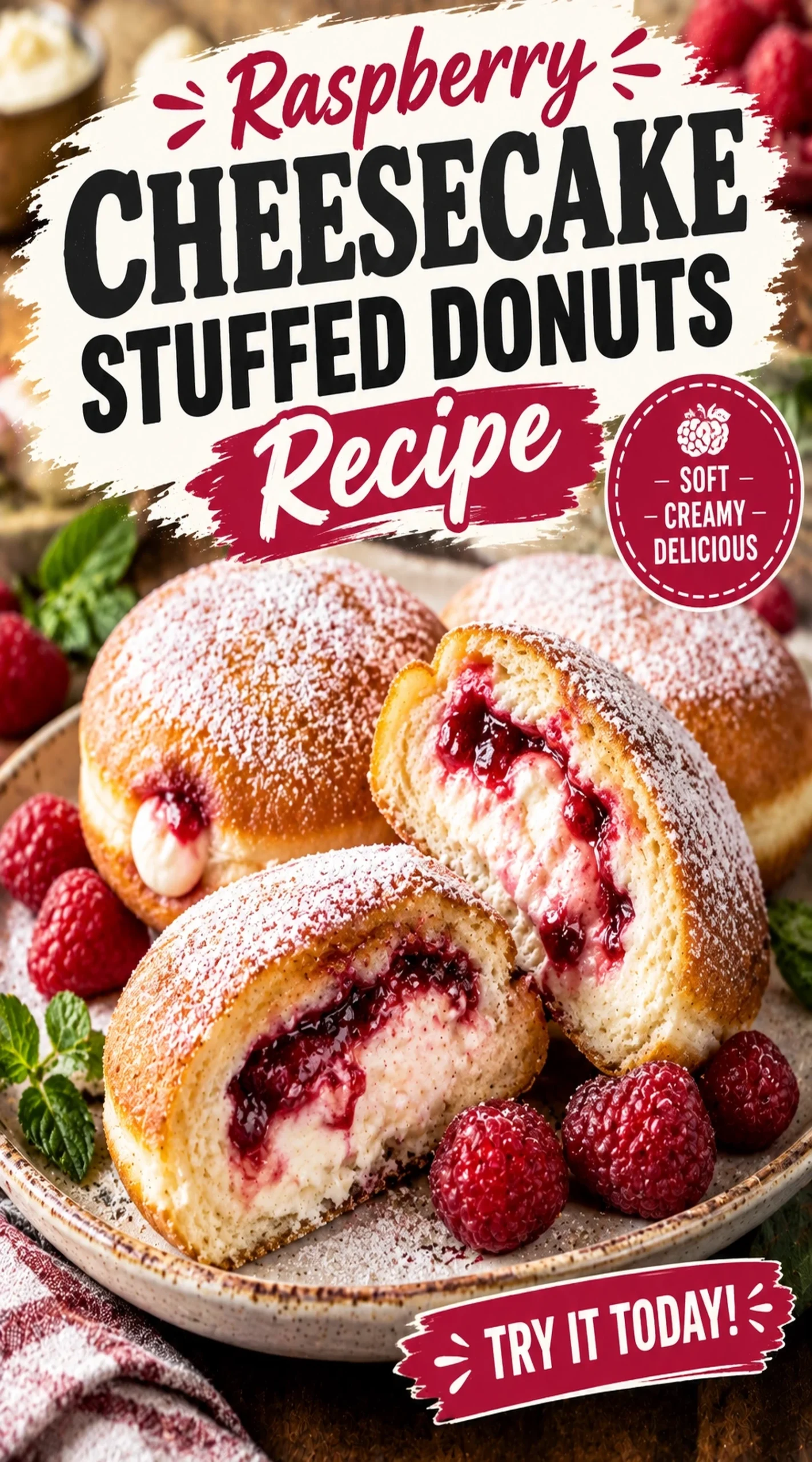 Powdered sugar dusted donuts sliced open to reveal a creamy cheesecake filling and a vibrant raspberry jam center.