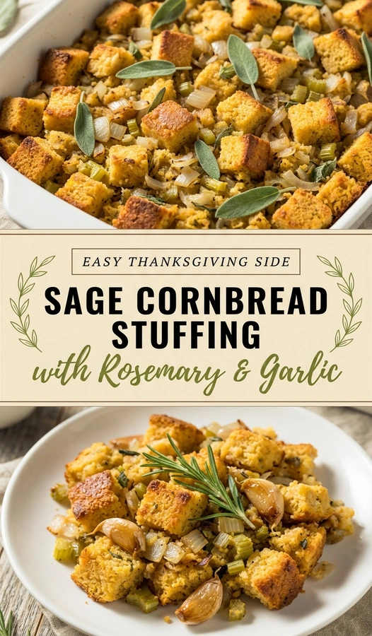 A baking dish of golden-brown cornbread stuffing garnished with fresh sage leaves, rosemary sprigs, and roasted garlic cloves.