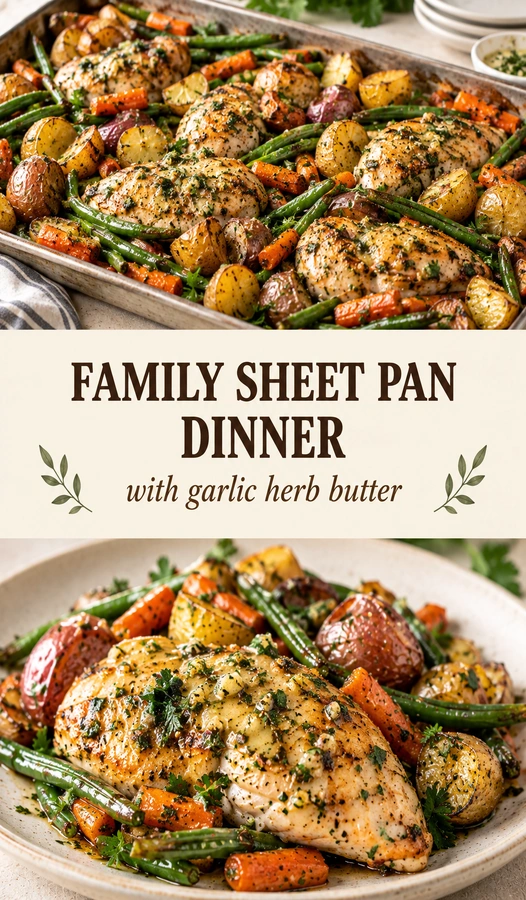 Sheet pan of roasted chicken thighs and root vegetables glazed in garlic herb butter, garnished with fresh parsley.