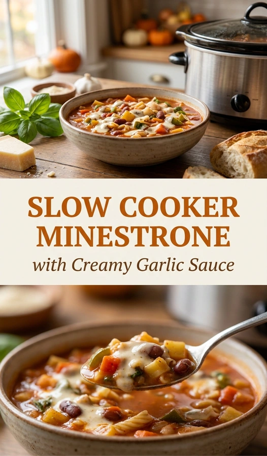 A bowl of hearty slow cooker minestrone soup with vegetables and beans, drizzled with a creamy garlic sauce.