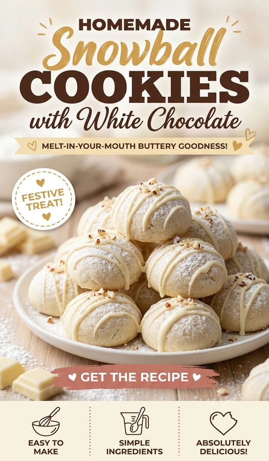 Round powdered sugar snowball cookies drizzled with melted white chocolate, piled on a white platter with a festive background.