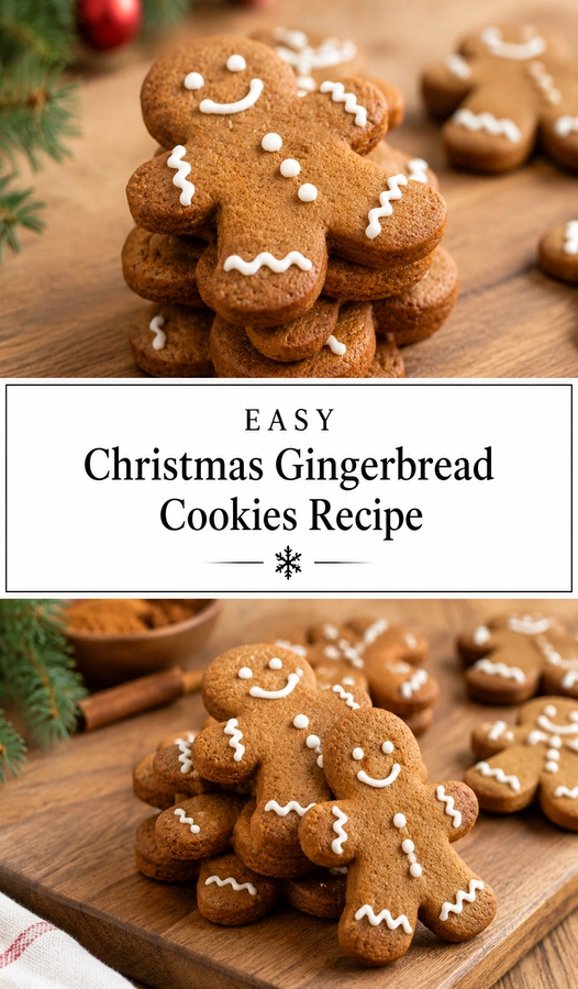 A platter of soft gingerbread man cookies decorated with white icing smiles and bows on a festive holiday background.