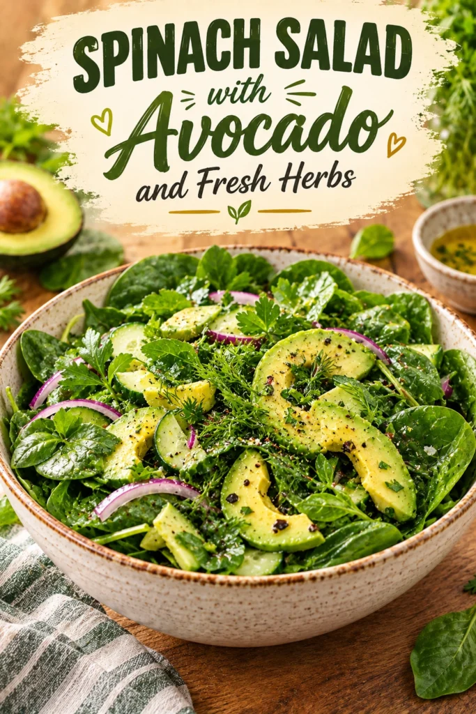 Fresh baby spinach salad topped with sliced avocado, chopped fresh herbs, and a light vinaigrette in a white bowl.