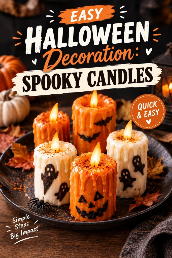 White pillar candles with red wax dripped down the sides to look like blood on a dark surface.
