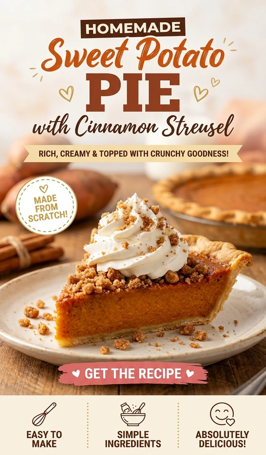 A slice of sweet potato pie with a golden crust and a crumbly cinnamon streusel topping on a plate.