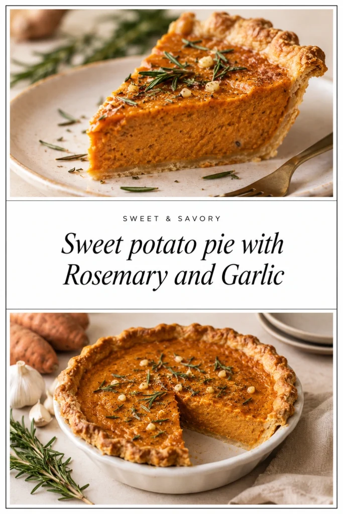 A slice of savory sweet potato pie in a golden crust, topped with fresh rosemary sprigs and minced garlic.