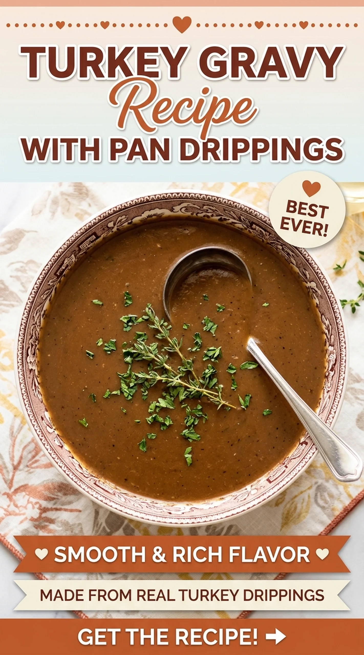 A white gravy boat filled with smooth, brown turkey gravy, garnished with fresh chopped parsley on a wooden table.