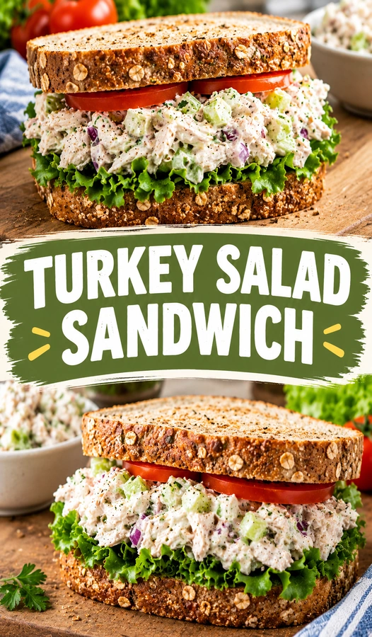 Turkey salad sandwich on toasted bread with lettuce and tomato, sliced in half and served on a white plate.