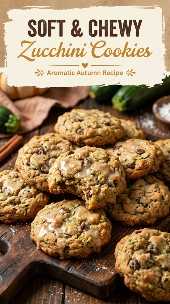 A stack of soft, golden-brown spiced zucchini cookies on a plate, showing a moist texture and small green flecks.