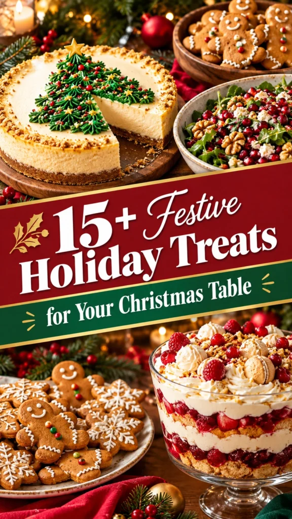 A collage of festive holiday treats including cookies and pastries on a platter