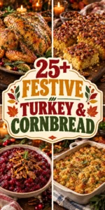 A collage of roasted holiday turkey and golden cornbread recipes for a festive table