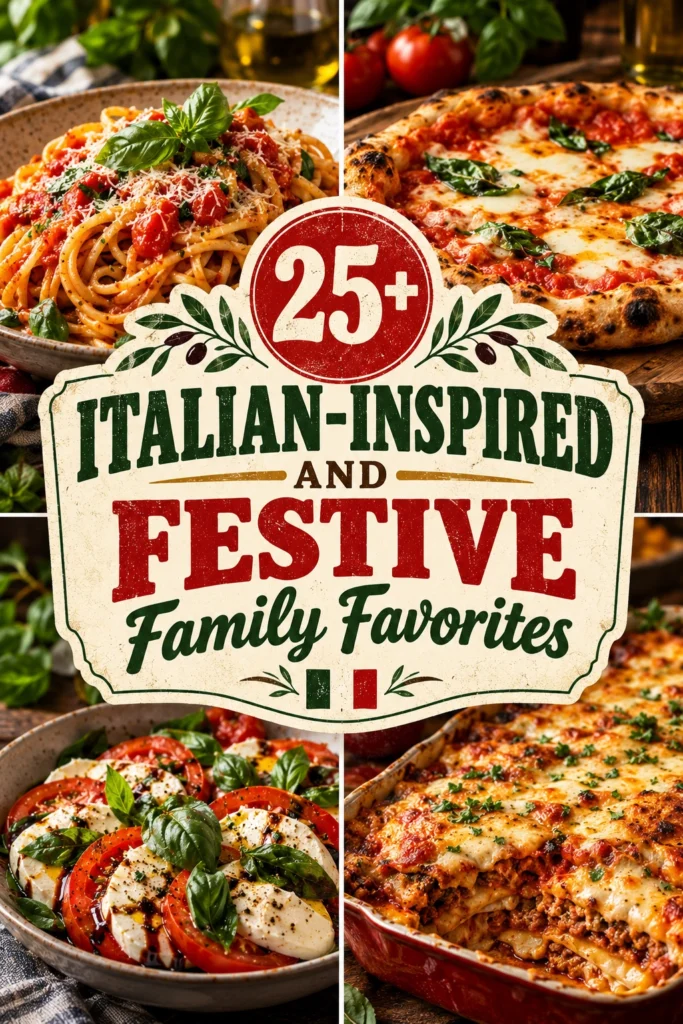 Collage of Italian-inspired festive dishes featuring pasta, antipasti, and desserts in panels
