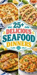 A collage of various seafood dinner dishes with a central title overlay