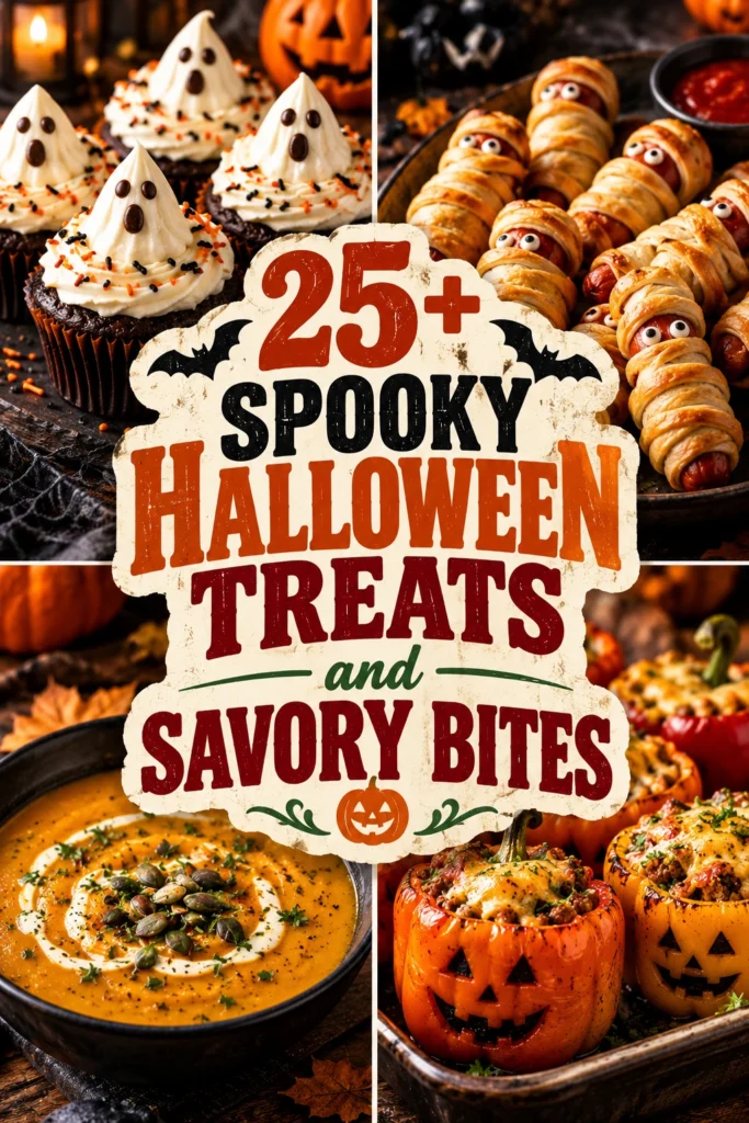Collage of spooky Halloween treats and savory bites in a vertical layout