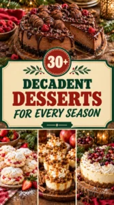 A collage of decadent dessert recipes featuring cakes and pastries in a vertical layout