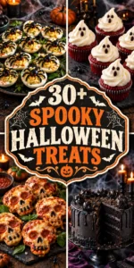 A collage of spooky Halloween treats and savory bites arranged in a listicle layout