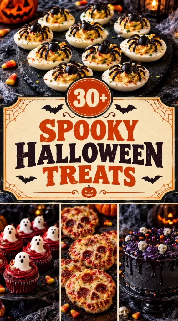 A collage of spooky Halloween treats and savory bites in a vertical layout
