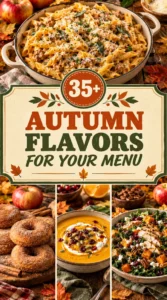 Collage of autumnal dishes and ingredients featuring a list of fall menu flavors