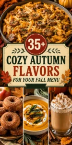 Collage of autumn flavors including pumpkin spice, cinnamon, and maple syrup treats