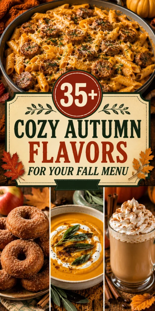 Collage of autumn flavors including pumpkin spice, cinnamon, and maple syrup treats