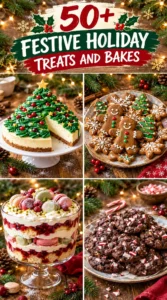 A collage of assorted sweet treats and festive bakes in a vertical layout