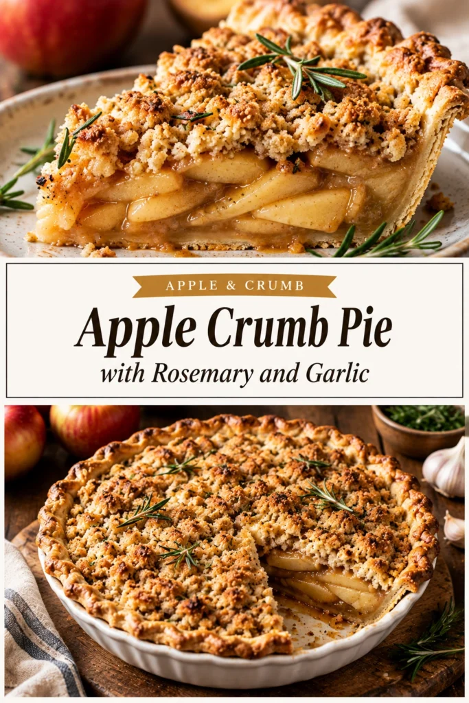 A savory apple crumb pie with a golden-brown streusel topping, garnished with fresh rosemary sprigs on a baking sheet.