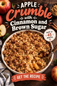 Warm apple crumble in a baking dish topped with a golden brown cinnamon sugar crust and melted fruit filling.