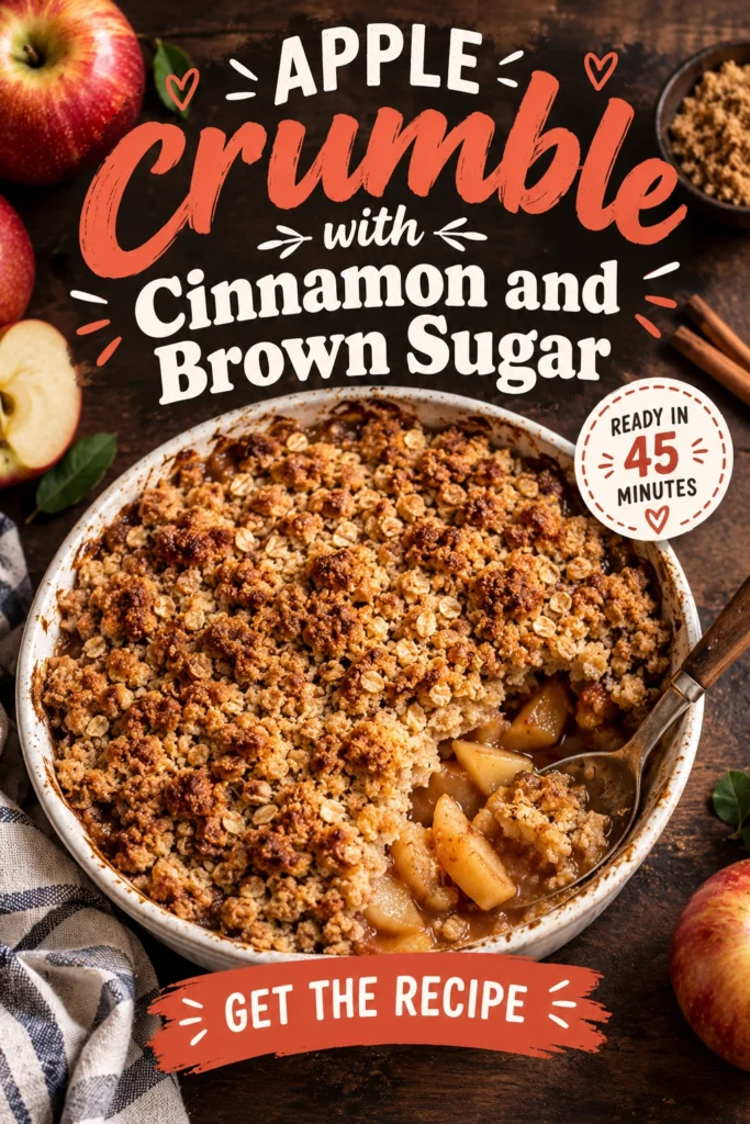 Warm apple crumble in a baking dish topped with a golden brown cinnamon sugar crust and melted fruit filling.