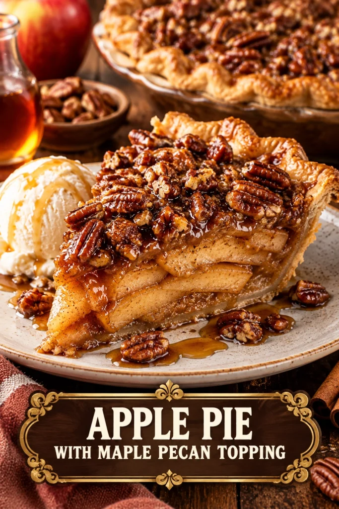 A slice of apple pie with a golden crust, topped with a crunchy maple pecan crumble and cinnamon.