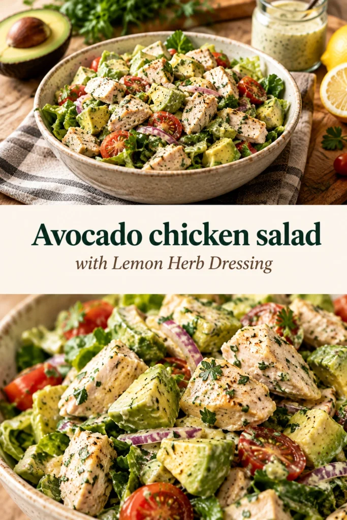 A bowl of diced chicken and avocado salad tossed with fresh herbs and lemon dressing, garnished with parsley.