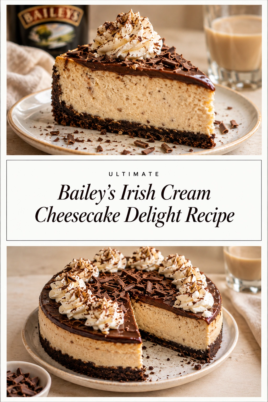 A slice of Bailey's Irish Cream cheesecake with a graham cracker crust, topped with whipped cream and a drizzle.