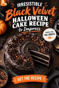 A multi-layered deep black velvet cake with dark frosting, decorated with orange pumpkins and spiderwebs on a cake stand.