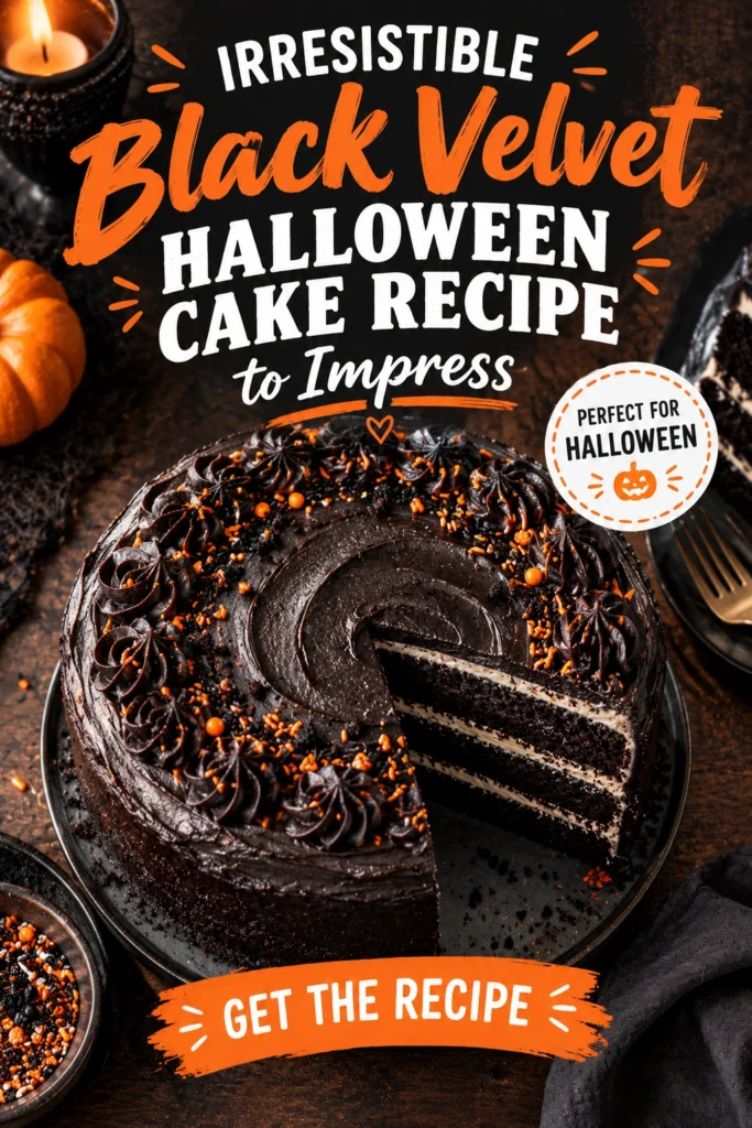 A multi-layered deep black velvet cake with dark frosting, decorated with orange pumpkins and spiderwebs on a cake stand.