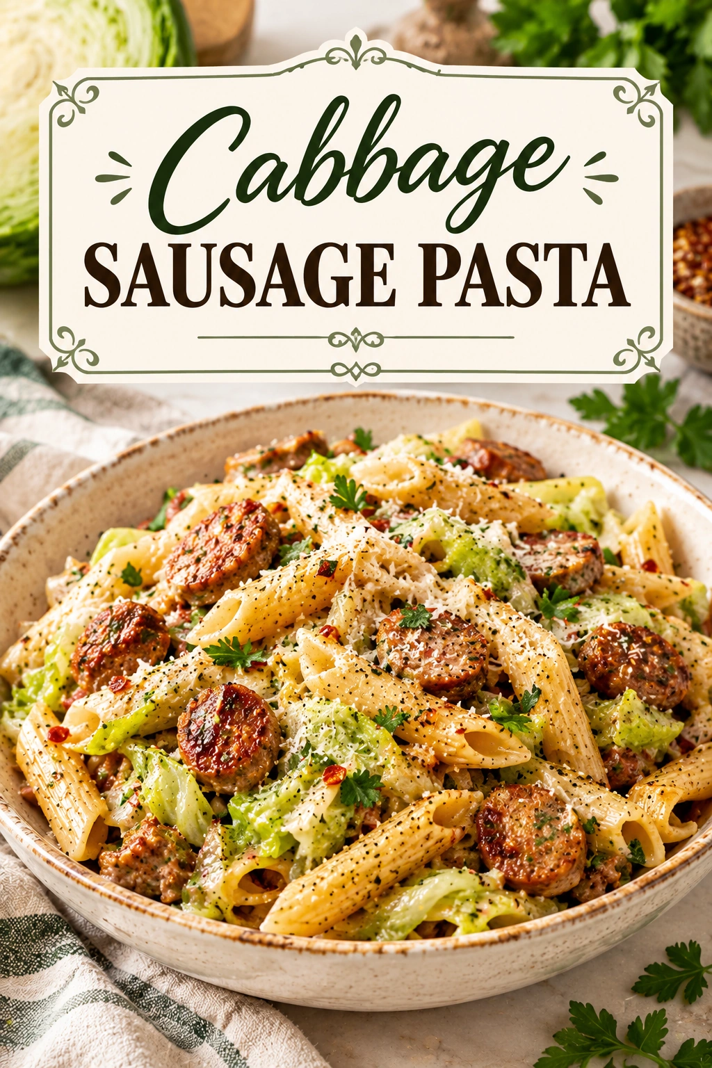 Bowtie pasta tossed with sliced browned sausage, sautéed cabbage, and garlic in a light savory sauce in a bowl.