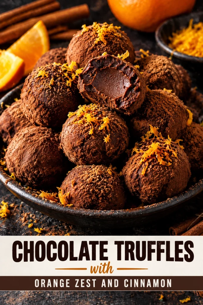 Round chocolate truffles dusted in cocoa powder, garnished with orange zest and a cinnamon stick on a dark platter.