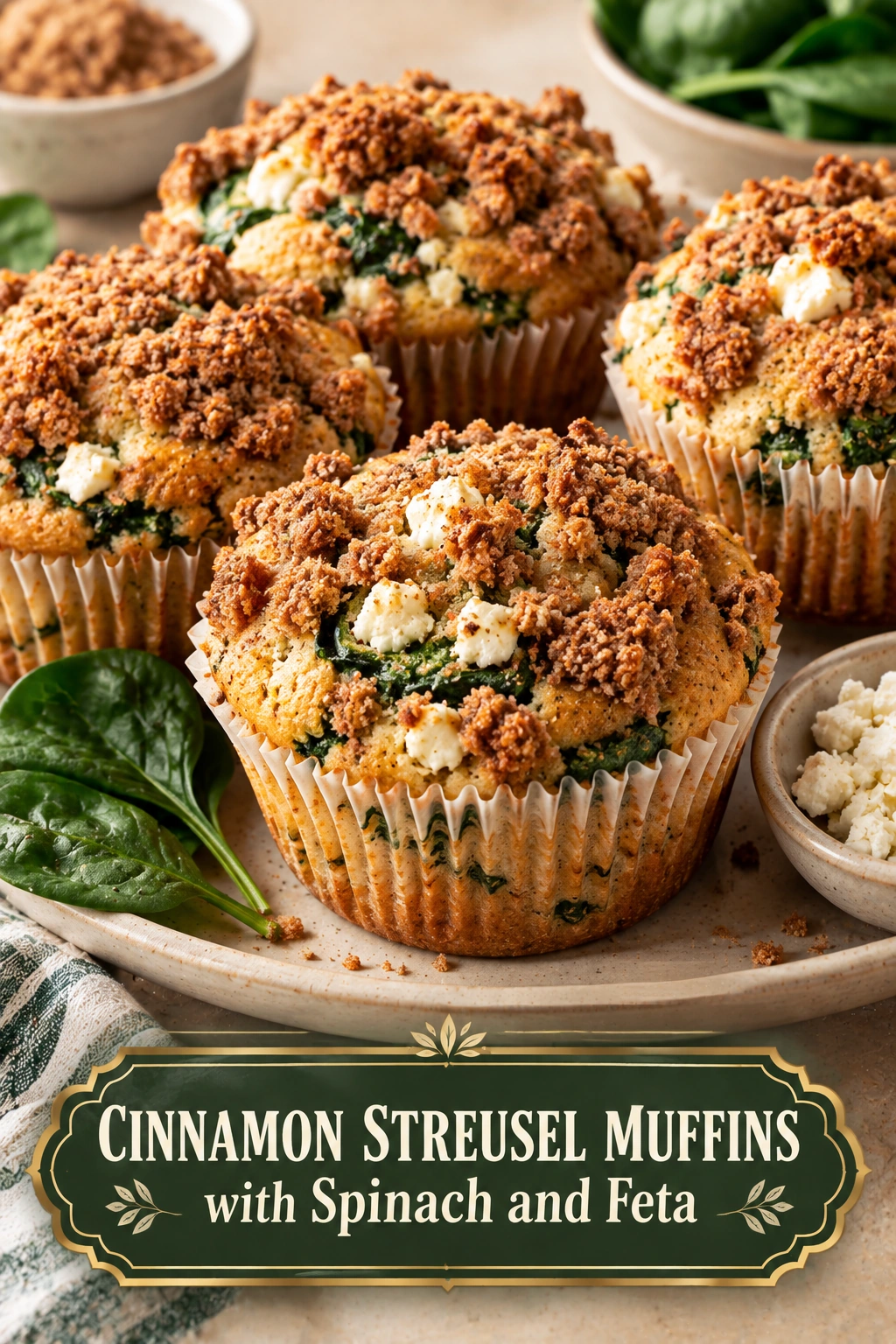 Savory spinach and feta muffins topped with a golden brown cinnamon streusel crumble, arranged on a cooling rack.