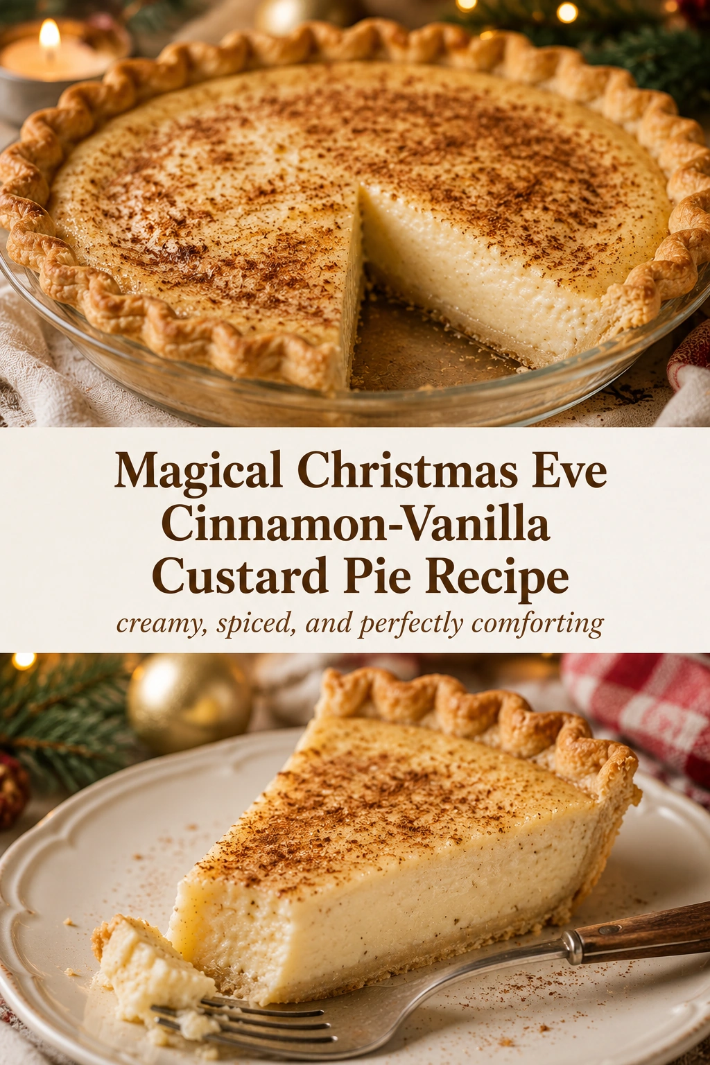 A slice of creamy cinnamon-vanilla custard pie in a flaky crust, dusted with cinnamon and served on a plate.