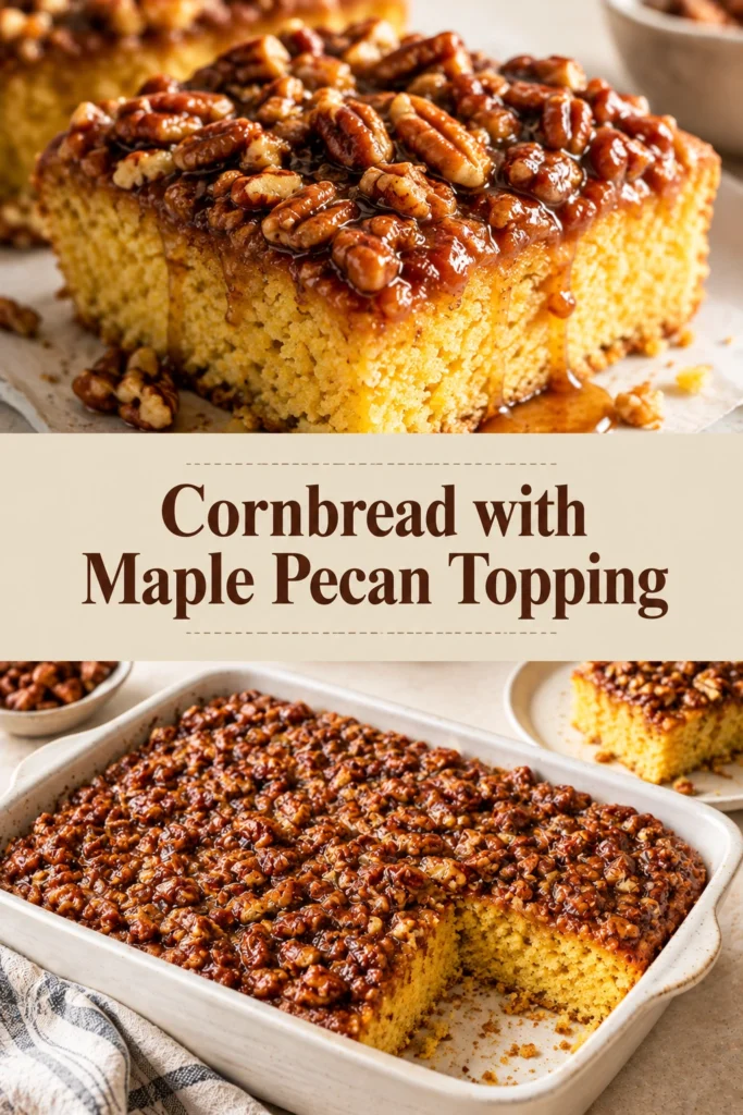 A slice of golden-brown cornbread topped with a glaze of maple syrup and toasted pecan pieces on a plate.