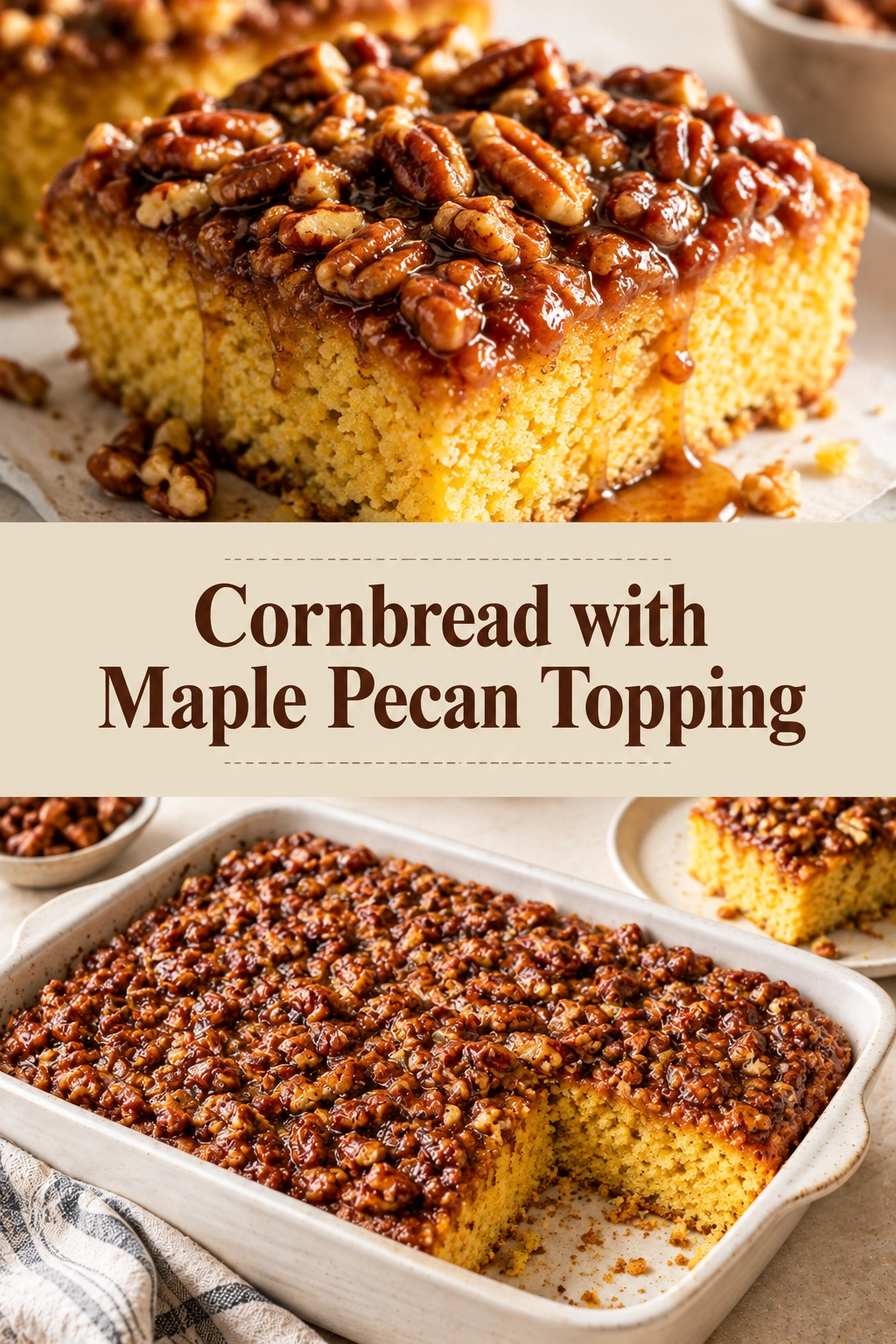 A slice of golden-brown cornbread topped with a glaze of maple syrup and toasted pecan pieces on a plate.