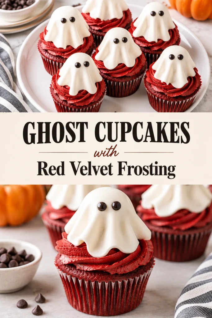 Ghost-shaped white frosted cupcakes with red velvet frosting dripping from the tops to resemble blood, set on a platter.