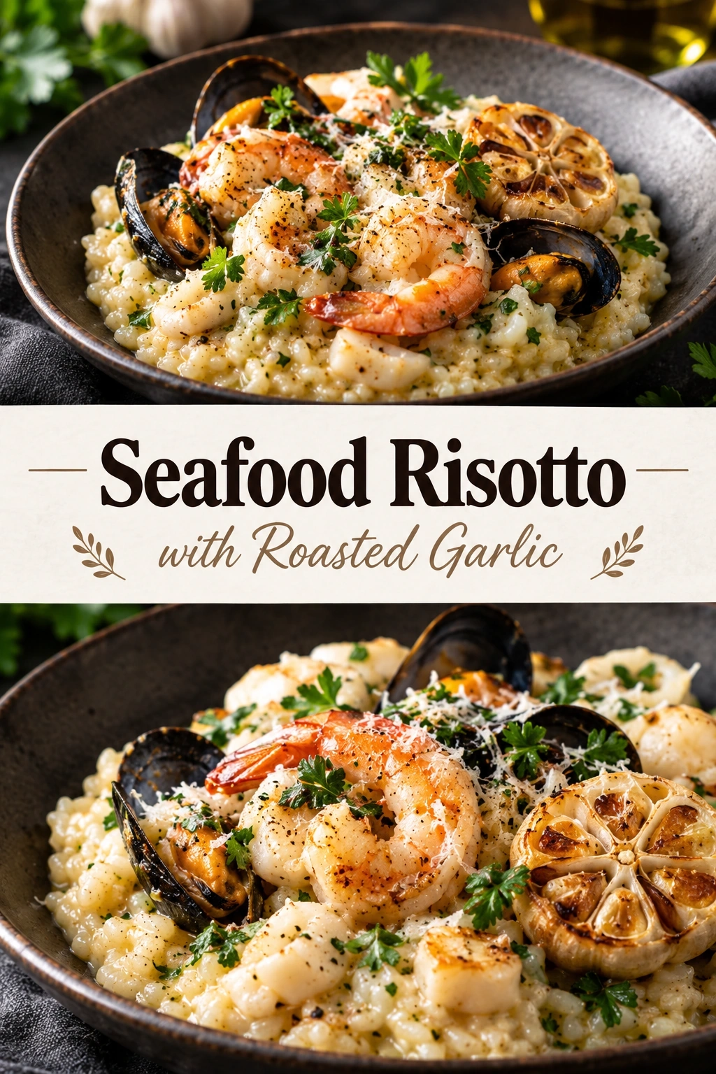 Creamy Seafood Risotto with Roasted Garlic | Easy Gourmet Seafood Dinner Idea recipe