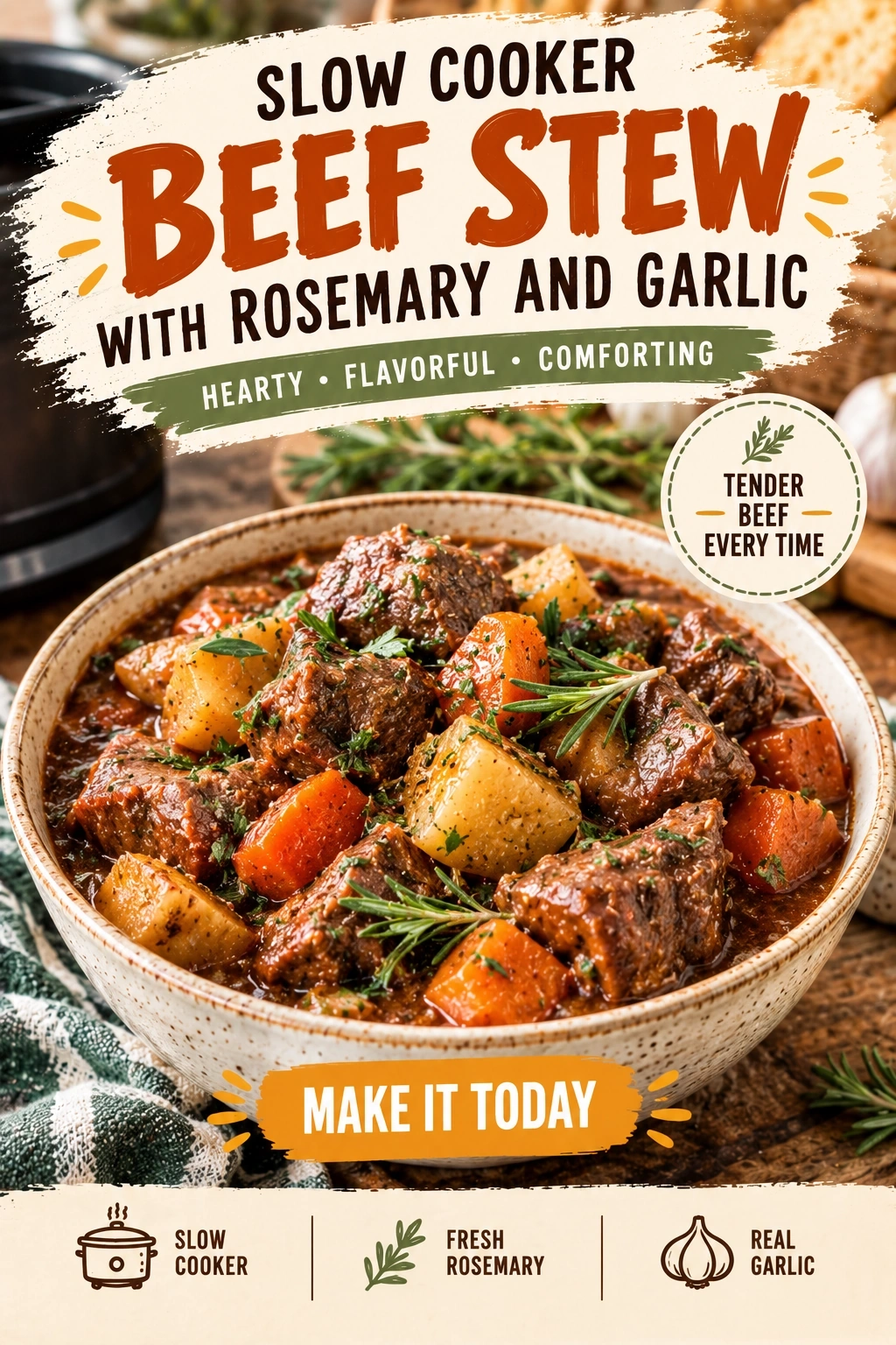 Slow Cooker Beef Stew with Rosemary and Garlic | Easy Comfort Food Dinner recipe