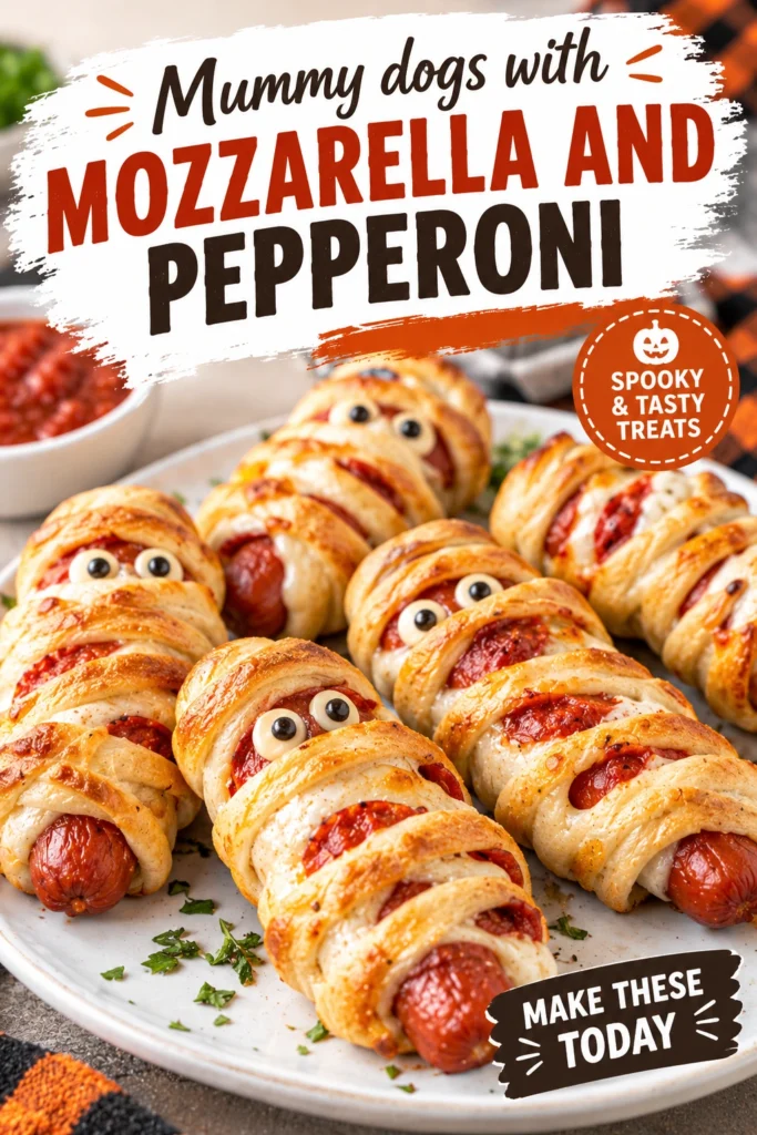 Mini hot dogs wrapped in strips of pastry to look like mummies, stuffed with mozzarella and pepperoni, baked golden brown.