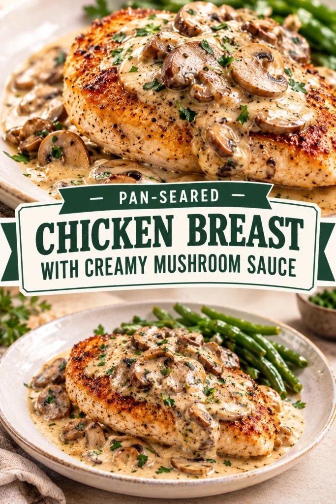 Sliced pan-seared chicken breast topped with a creamy mushroom sauce and fresh parsley on a white dinner plate.