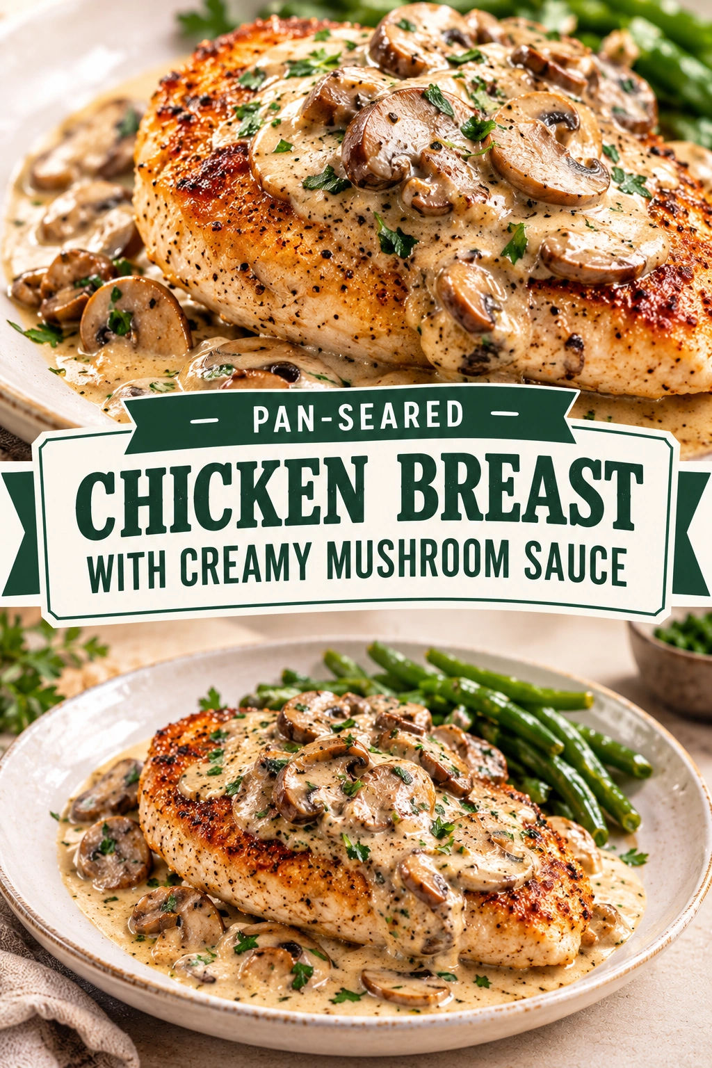 Sliced pan-seared chicken breast topped with a creamy mushroom sauce and fresh parsley on a white dinner plate.