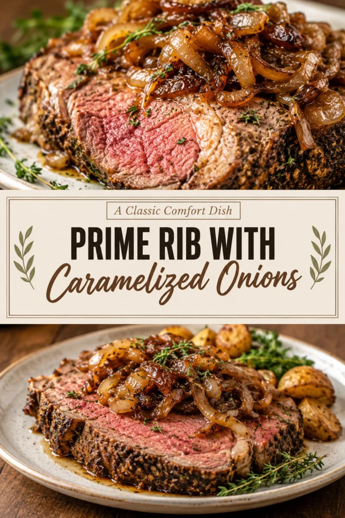 Slices of medium-rare prime rib topped with savory caramelized onions, served on a platter with a side of gravy.
