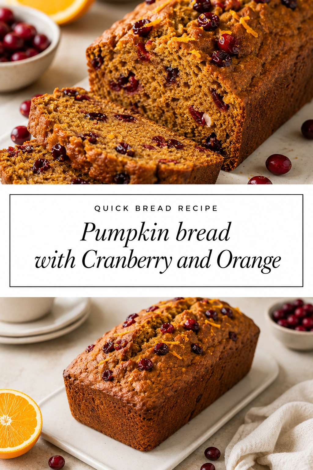 A sliced loaf of moist pumpkin bread studded with red cranberries, served on a plate with orange slice garnishes.