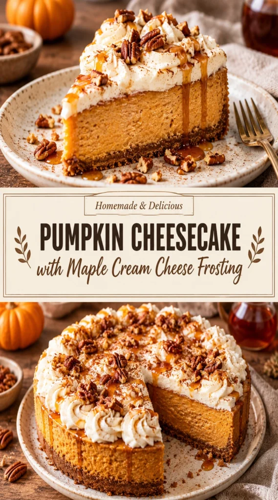 A slice of pumpkin cheesecake topped with a swirl of maple cream cheese frosting on a graham cracker crust.